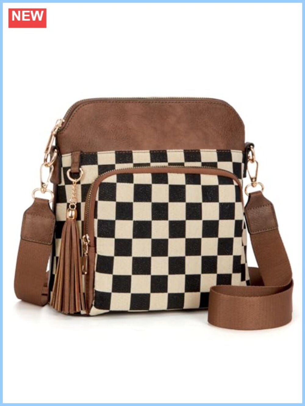 Checkered Crossbody Bag PU Leather Canvas Adjustable Strap Women